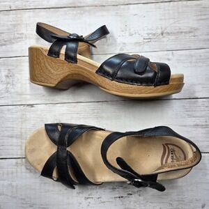 Dansko Seasons Platform Sandal Clog Wedge Womens 38 Black Leather Strappy Buckle